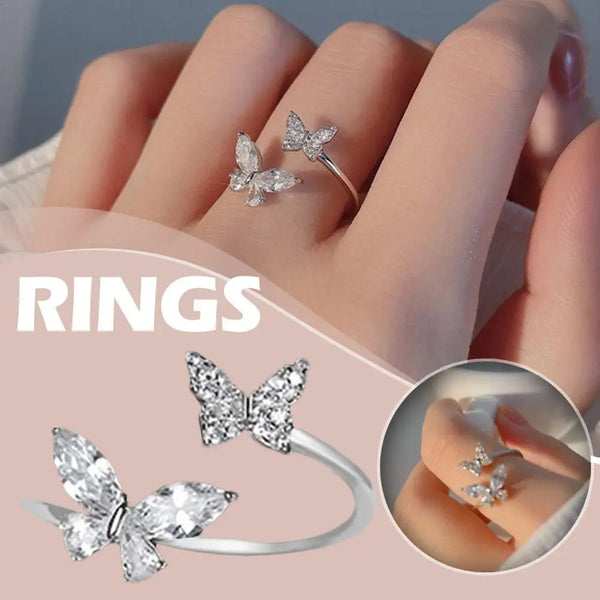 Double Butterfly Adjustable Silver Ring