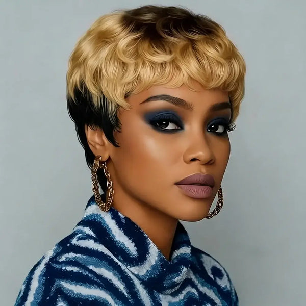 Pixie cut curly wig with bangs — chic short style for women.