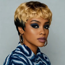 Pixie cut curly wig with bangs — chic short style for women.