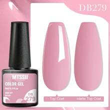 MTSSII color gel polish bottle with pink nail samples on a pink background