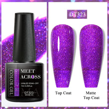 Purple glitter nail polish bottle with 'Meet Across' branding on a white background