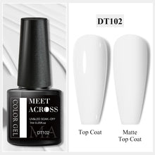 Nail gel polish bottle labeled 'Meet Across' with a top coat and matte top coat swatch on a white background.