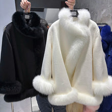 YOLOAgain 2025 Warm Oversized Real Fox Fur Collar Cuffs Elegant White Wool Coat Women Elegant