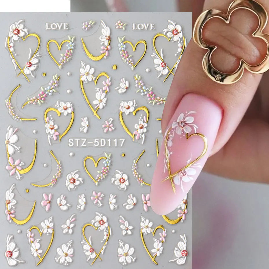 Floral Gold Line Sliders Spring White Flowers Nail Stickers