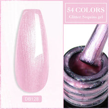 Nail gel polish with glitter sequins effect, showing a swatch and a bottle of the product.