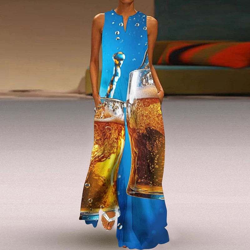 Summer Dress Woman 2025 Printed Dresses Summer Sleeveless V-Neck Long Dress Ladies Casual Elegant Beach Party Maxi Dresses