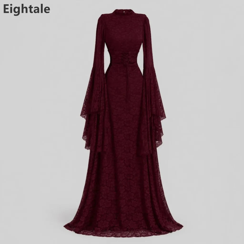 Burgundy Lace Mermaid Maxi Evening Dress Long Sleeve