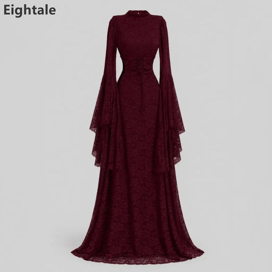 Burgundy Lace Mermaid Maxi Evening Dress Long Sleeve