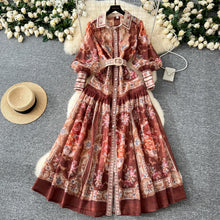 Floral print long dress with turn-down collar and waist sash
