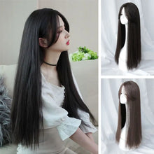 1. Black straight hair wig with middle part fringe — full length view. 2. Black straight hair wig showing smooth tangle-free synthetic fibres. 3. Black straight hair wig with adjustable band for secure fit. 4. Black straight hair wig middle part fringe framing the face. 5. Black straight hair wig worn for casual daily wear look. 6. Black straight hair wig available at Her Wardrobe & Beyond.