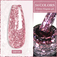 Pink glitter sequins gel with a nail applicator and '54 Colors Glitter Sequins Gel' text on a white background.
