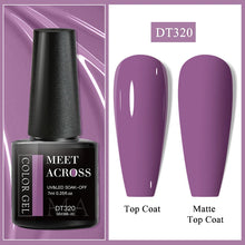 Gel nail polish bottle with purple color options on a white background