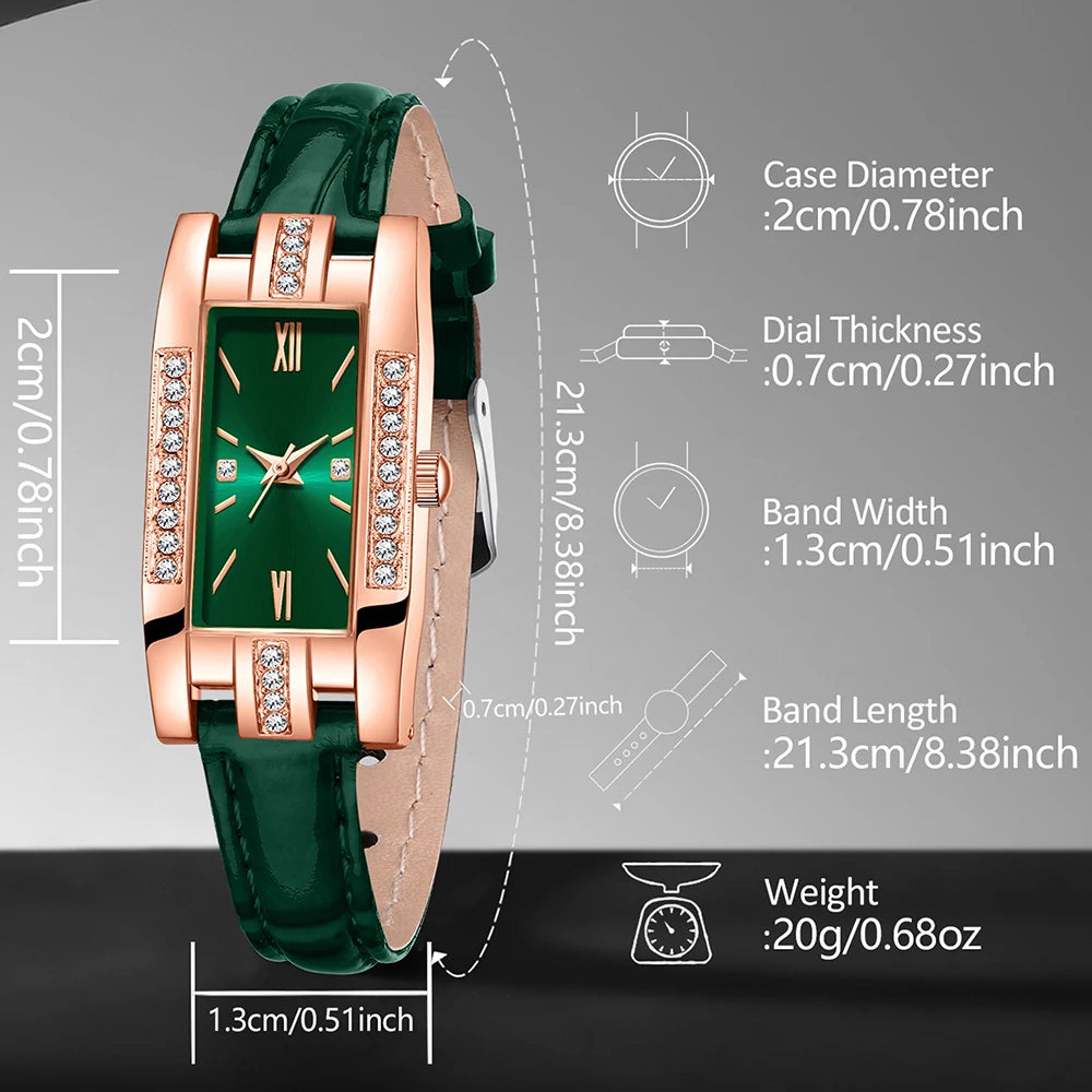 9PCS Green Women's Watch Bracelet Necklace Earrings Set Holiday Gift