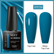 Nail gel polish bottle with blue color swatches labeled 'Top Coat' and 'Matte Top Coat' on a white background.