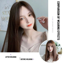1. Black straight hair wig with middle part fringe — full length view. 2. Black straight hair wig showing smooth tangle-free synthetic fibres. 3. Black straight hair wig with adjustable band for secure fit. 4. Black straight hair wig middle part fringe framing the face. 5. Black straight hair wig worn for casual daily wear look. 6. Black straight hair wig available at Her Wardrobe & Beyond.