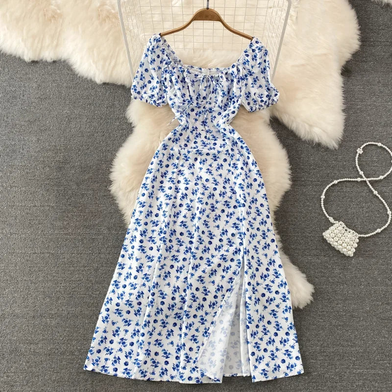 Summer Vintage Dress Blue Floral estidos