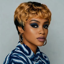 Pixie cut curly wig with bangs close-up showing realistic human hair style finish.