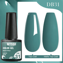 MTSSII color gel with bottle and two nail samples on a teal background