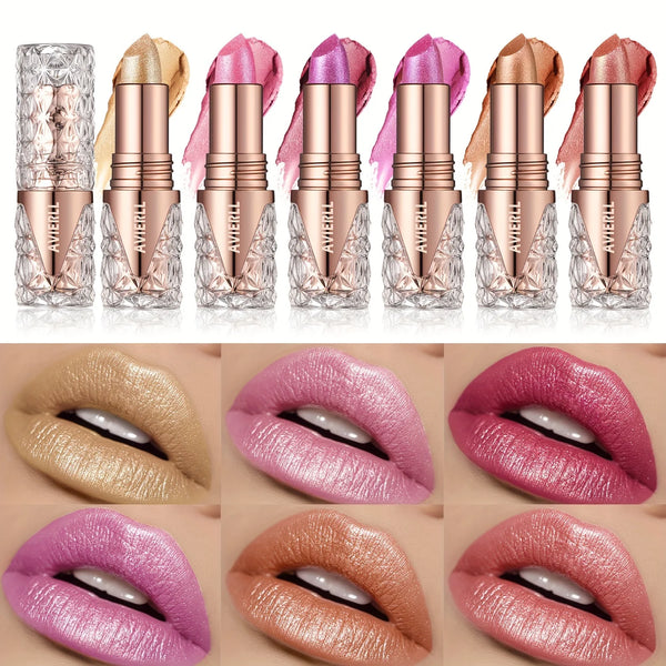 Pearl lipstick showing pearlescent shimmer finish on lips.