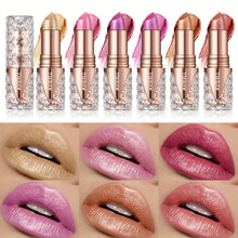 Pearl lipstick showing pearlescent shimmer finish on lips.