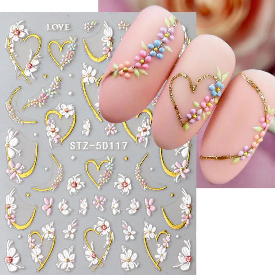 Floral Gold Line Sliders Spring White Flowers Nail Stickers