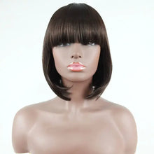 Synthetic wig with bangs in natural-looking short style for women.