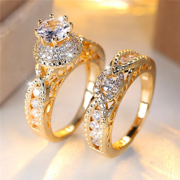 Crystal White Round Stone Engagement Ring Set Cute Yellow Gold