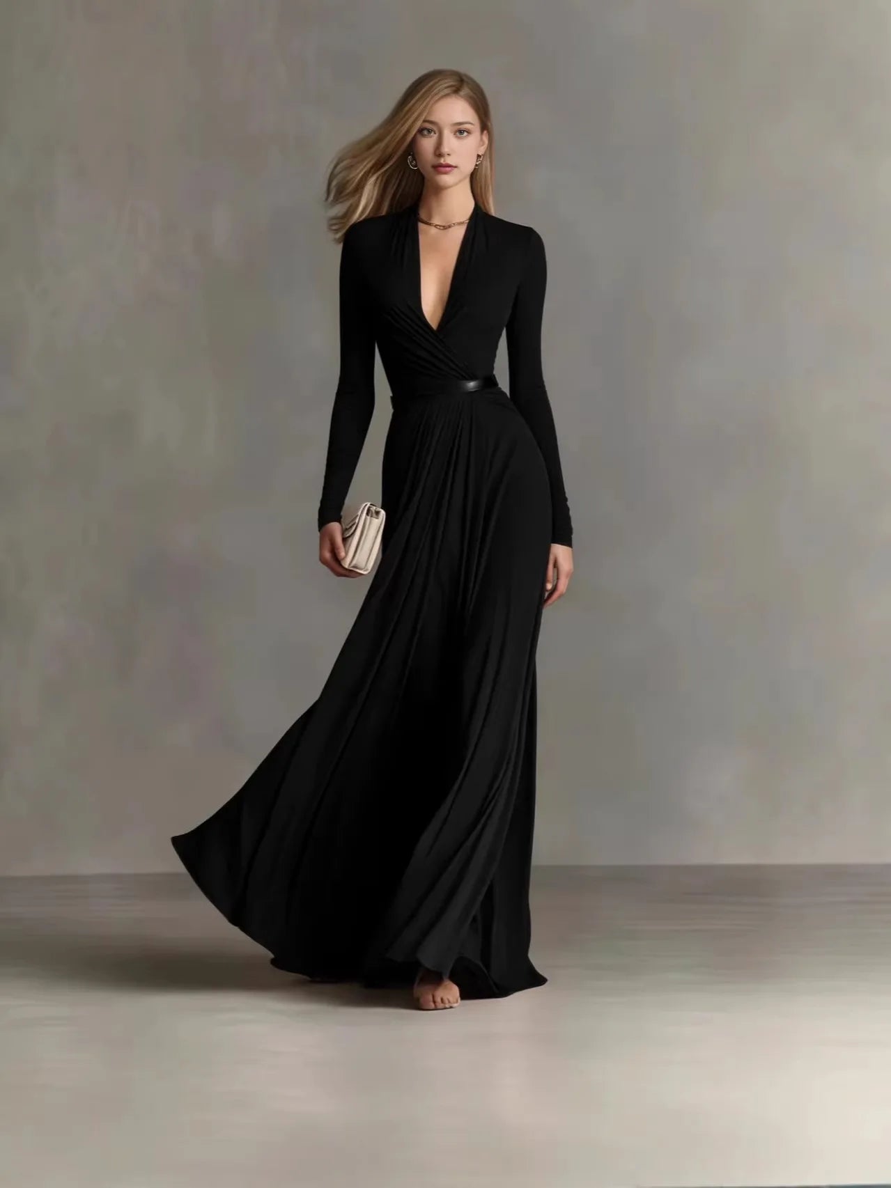 Elegant Sexy Deep V Neck Slim Maxi Dress Women Long Sleeve Ruched Waist Formal Gown Spring Casual Solid  Long Dresses