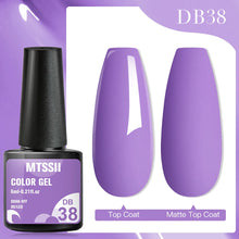 MTSSII color gel with a purple nail polish bottle and two nails painted with the same color on a purple background.