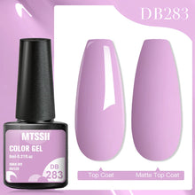 MTSSII color gel with a purple finish on nails against a pink background