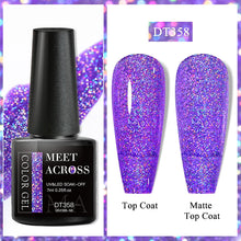 Nail gel polish bottle with glittery purple nails labeled 'Top Coat' and 'Matte Top Coat'.