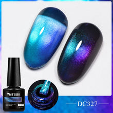 MTSSII DC327 magnetic cat-eye gel nail polish shown in a black bottle alongside two artificial nail tips displaying a blue-to-purple iridescent gradient finish under a magnetic field, with a circular inset showing the polish applied to a brush.