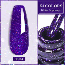 Purple glitter sequins gel nail polish with a bottle and color swatch on a white background