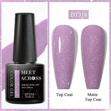 Nail gel polish bottle with a purple glitter topcoat and matte topcoat displayed on a matching background.