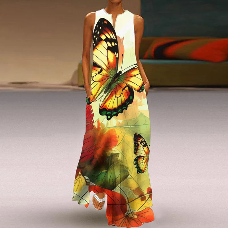 Summer Dress Woman 2025 Printed Dresses Summer Sleeveless V-Neck Long Dress Ladies Casual Elegant Beach Party Maxi Dresses