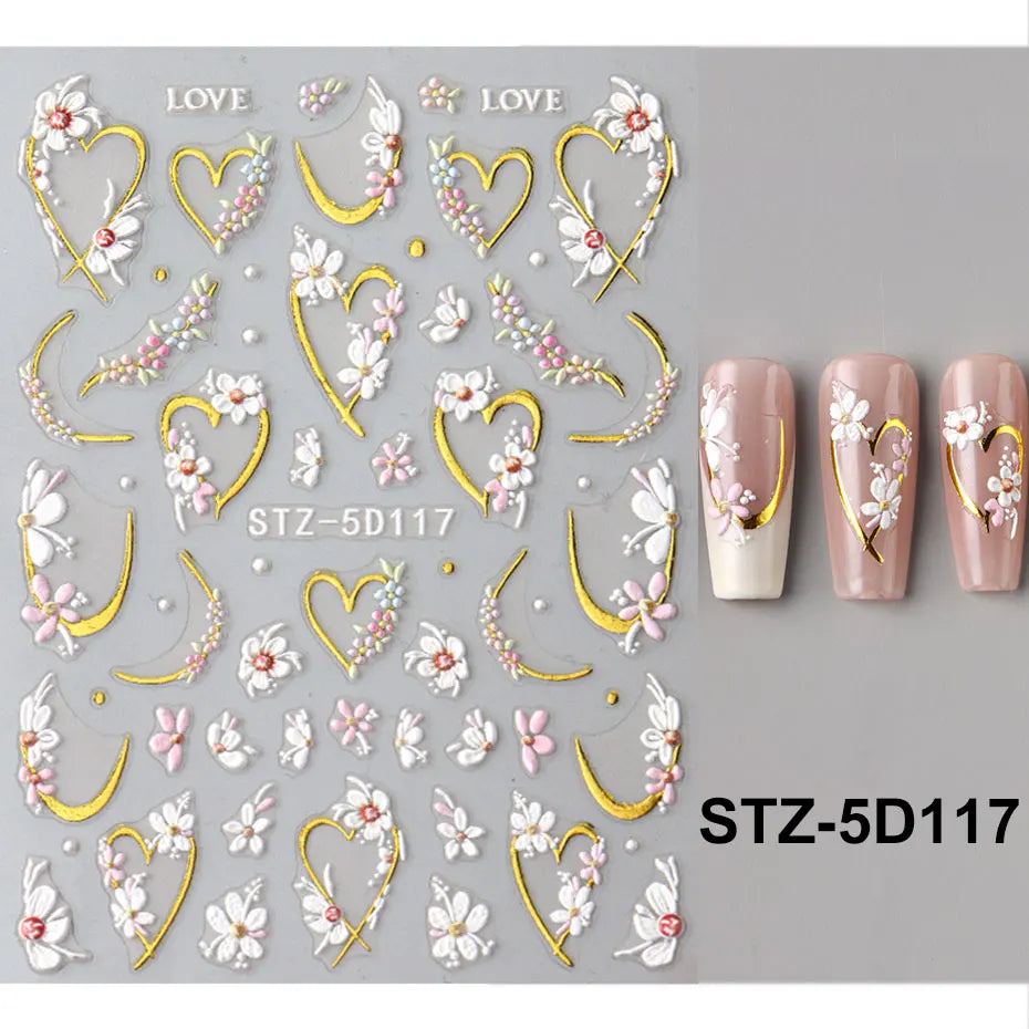 Floral Gold Line Sliders Spring White Flowers Nail Stickers