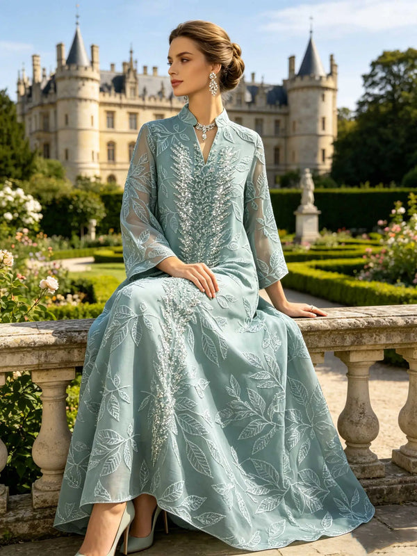 Mint Green Abaya with Silver Sequin Leaf Kaftan Elegant Ramadan Eid Prayer Dress