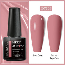 Nail gel polish with black bottle labeled 'Meet Across' and two nail samples, one top coat and one matte top coat, on a pink background.