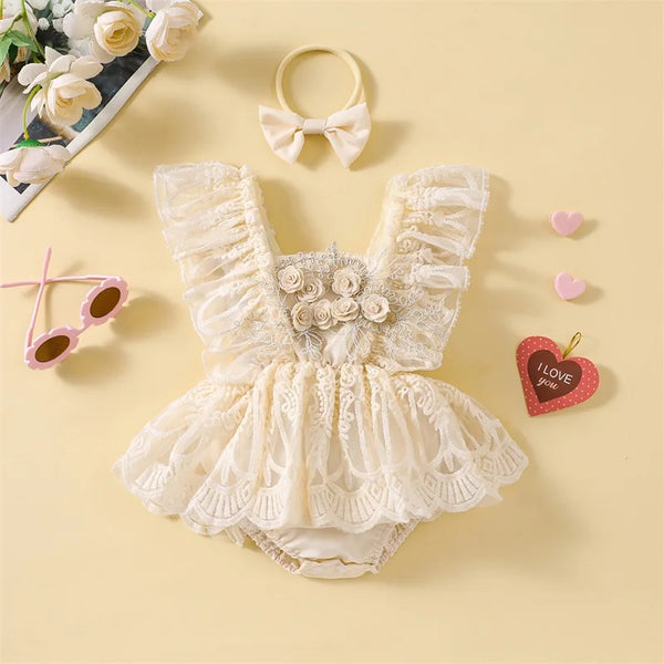 Baby girl lace romper dress two piece set laid flat
