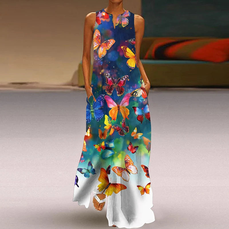 Summer Dress Woman 2025 Printed Dresses Summer Sleeveless V-Neck Long Dress Ladies Casual Elegant Beach Party Maxi Dresses