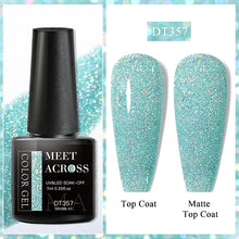 Nail gel polish bottle with 'Meet Across' branding and two nail samples labeled 'Top Coat' and 'Matte Top Coat'.