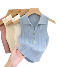 Summer Turn Down Collar Gold Button Slim Knitted Sweater