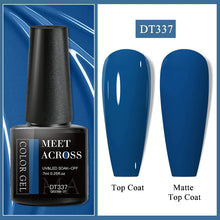 Nail gel polish bottle with black cap and label, showing top coat and matte top coat on blue and white background.