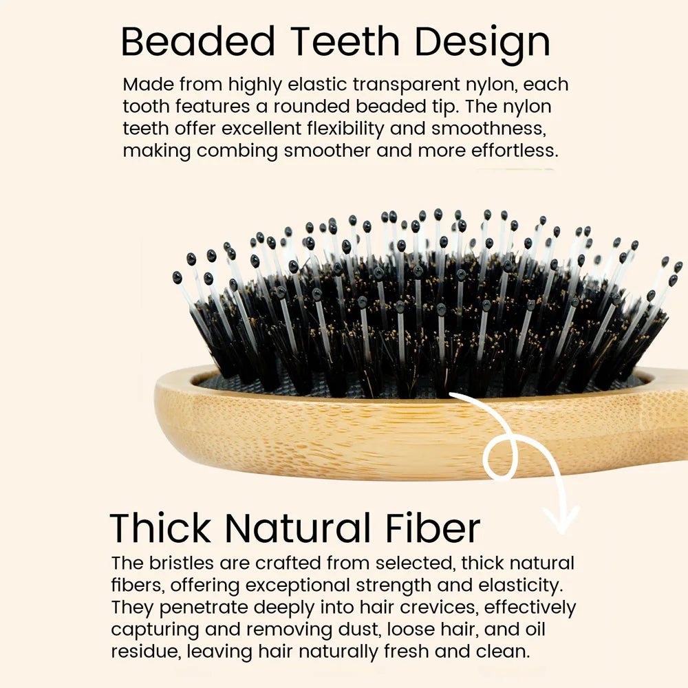 Bamboo Hair Brush Wooden Handle with Boar Bristles for Gentle Hair Combing Detangling and Scalp Massage