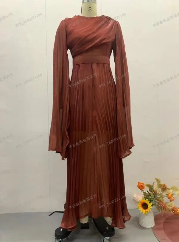 Folds Flare Sleeve Round Collar Floor Lace Up Tight Waist A Line Formal Gown