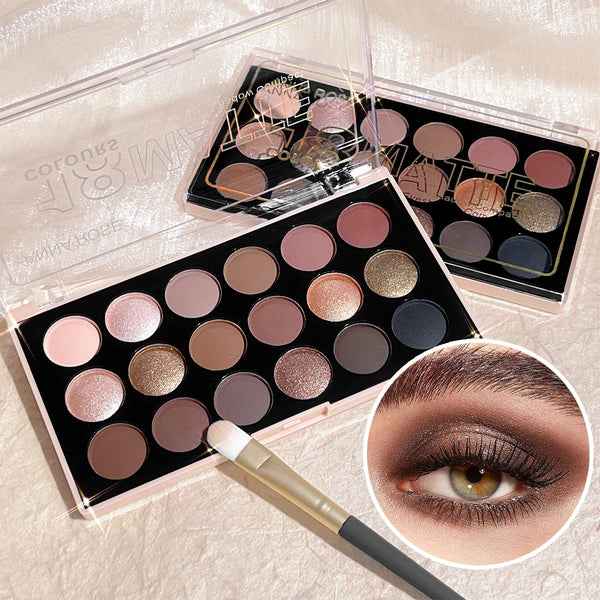 Eyeshadow palette shimmer matte 18 colour shades flat lay open view.