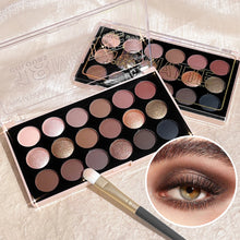 Eyeshadow palette shimmer matte 18 colour shades flat lay open view.