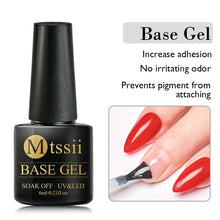 Black bottle of Mtsssii base gel with nail application image and text on a white background