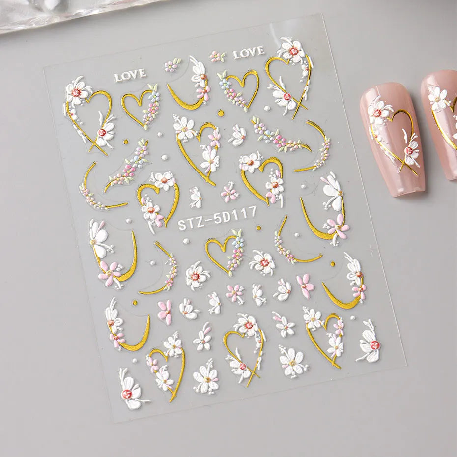 Floral Gold Line Sliders Spring White Flowers Nail Stickers
