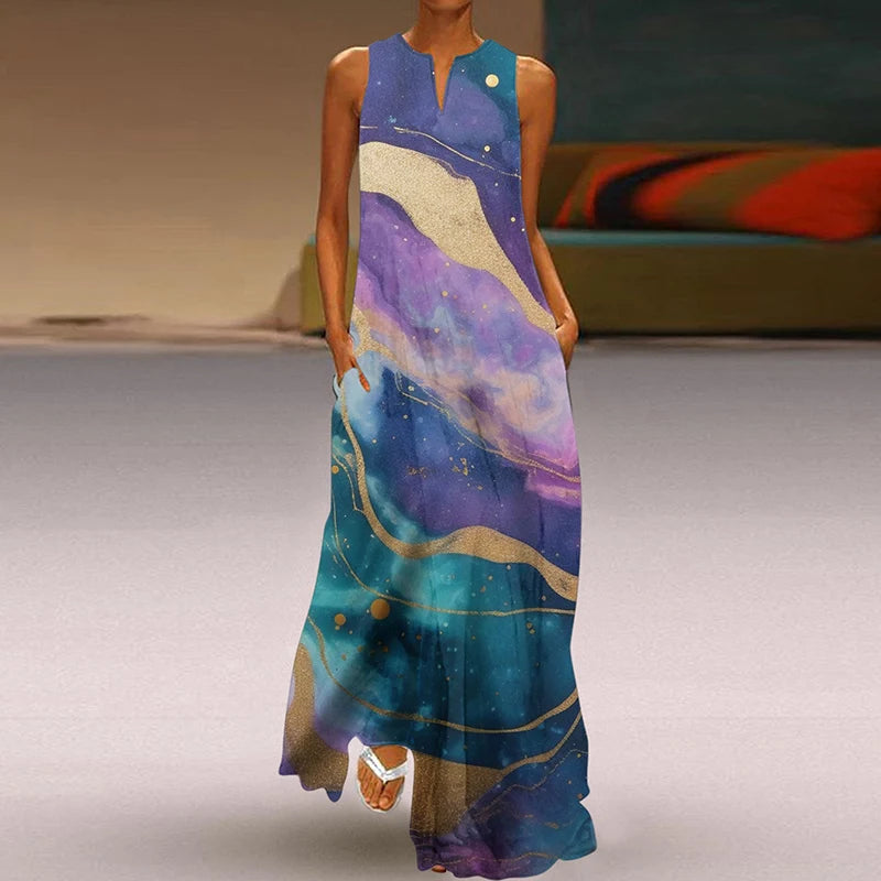 Summer Dress Woman 2025 Printed Dresses Summer Sleeveless V-Neck Long Dress Ladies Casual Elegant Beach Party Maxi Dresses